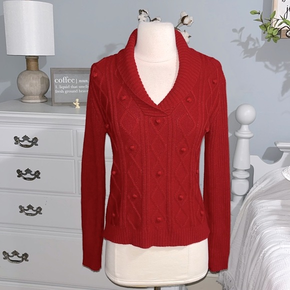 Evan Picone Red Acrylic Pom Pom Sweater Cable Knit Women Small Christmas Holiday - Picture 3 of 11